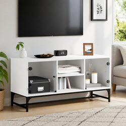 Stylish White TV Cabinet with Glass Doors for Media Storage