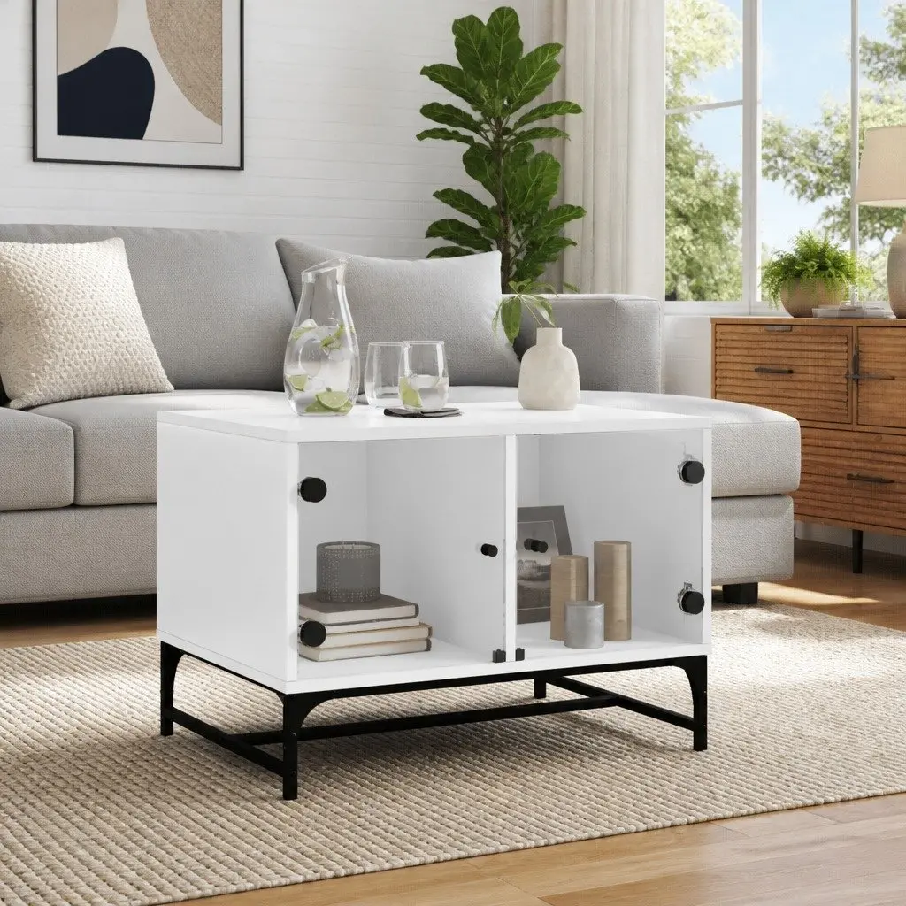Coffee Table Engineered Wood White 68.5 x 50 x 50 cm with Glass Doors
