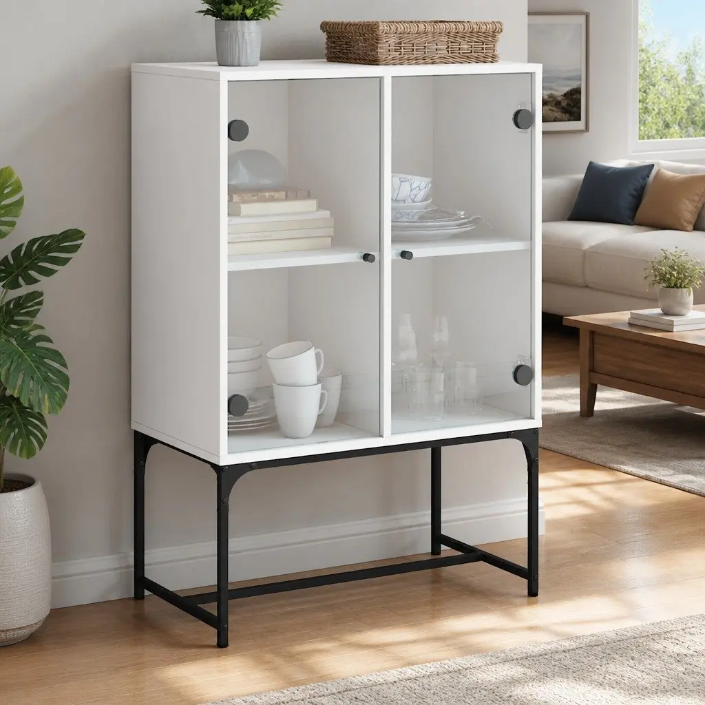 Side Cabinet Engineered Wood 69W x 37D x 100H cm White with Glass Doors
