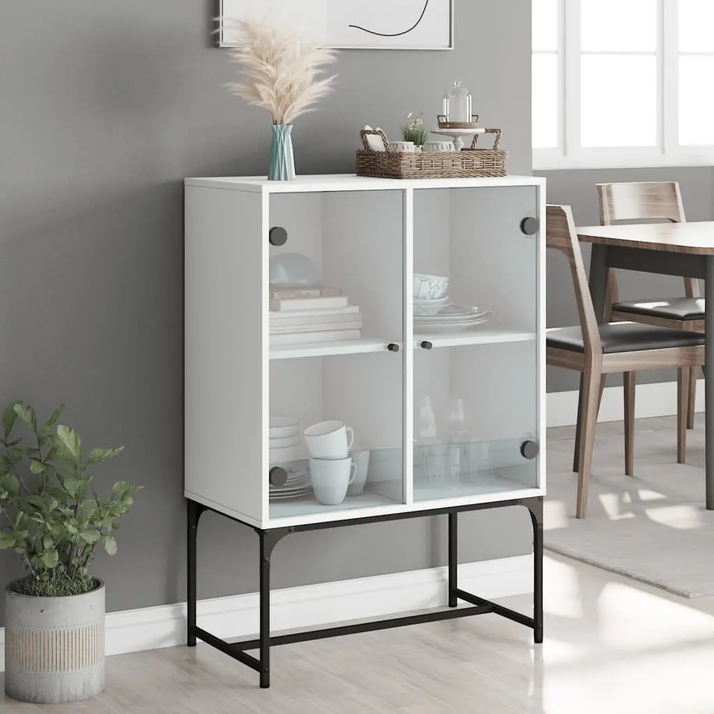 Side Cabinet Engineered Wood 69W x 37D x 100H cm White with Glass Doors