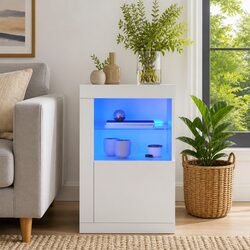White Side Cabinet with RGB LED Lights and Glass Shelf