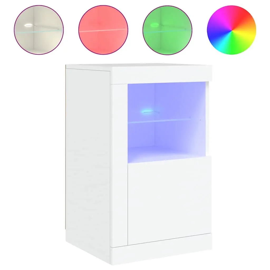 Side Cabinet Engineered Wood White RGB LED Lights Glass Shelf