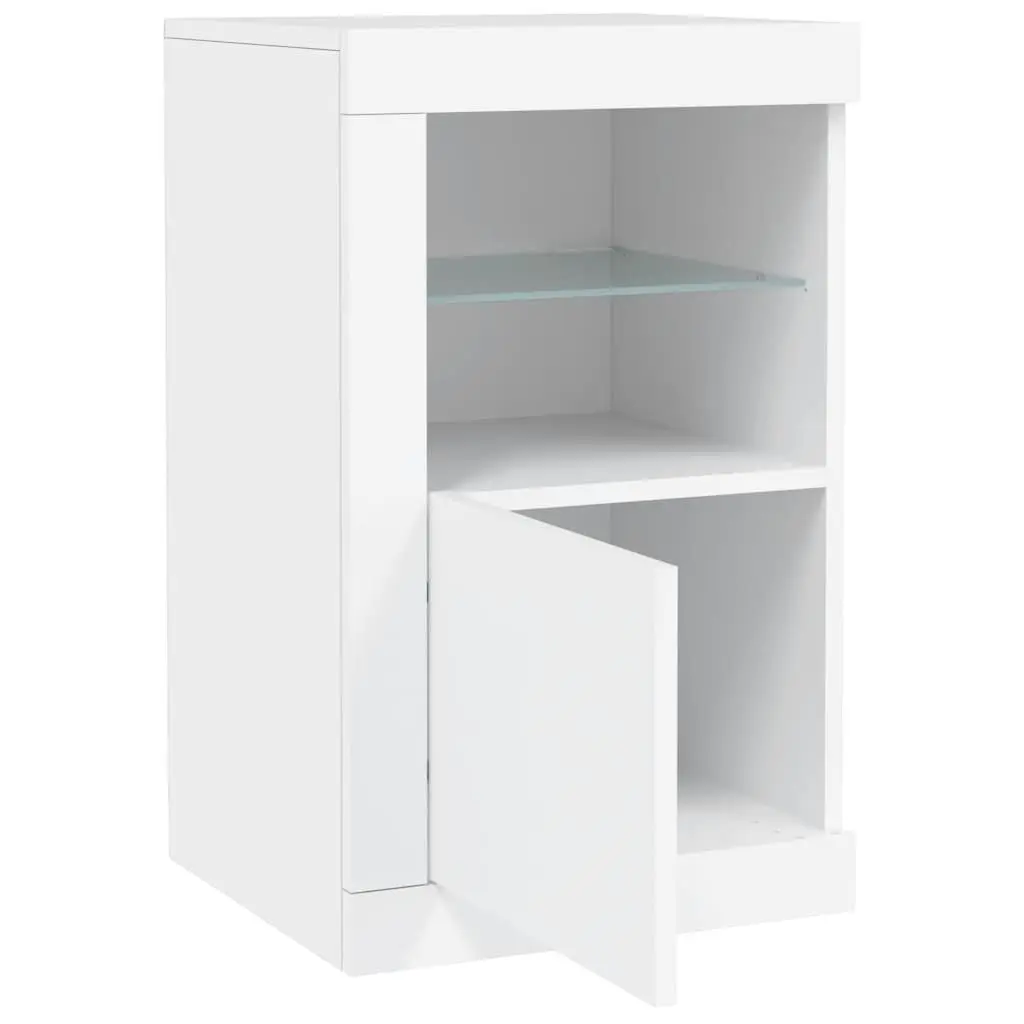 Side Cabinet Engineered Wood White RGB LED Lights Glass Shelf