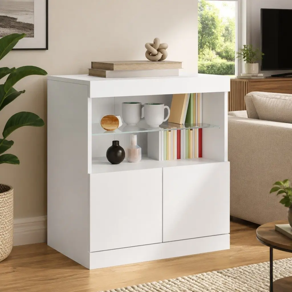 White Sideboard Cabinet with RGB LED Lights Storage Buffet Modern Furniture