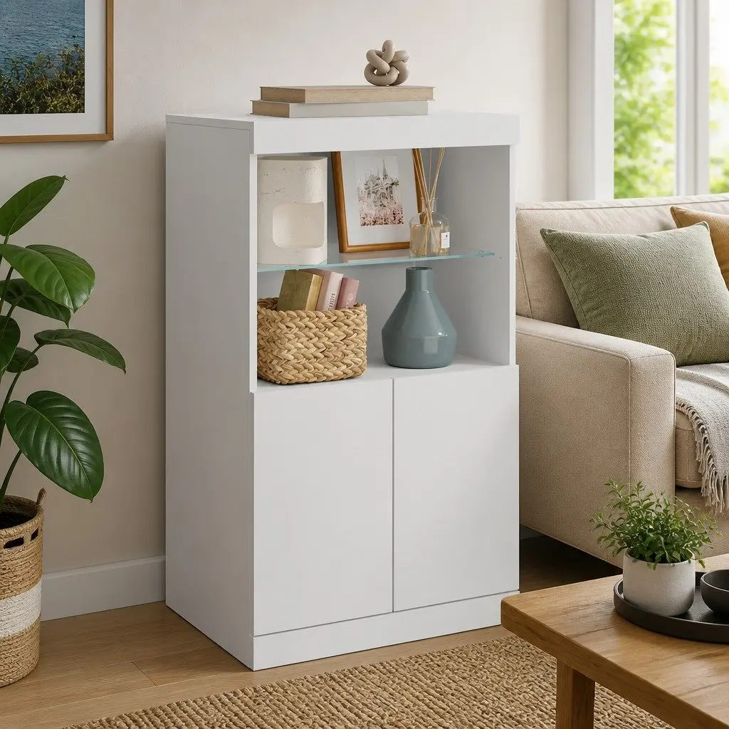 Sideboard Engineered Wood 60.5W x 37D x 100H cm White with RGB LED Lights