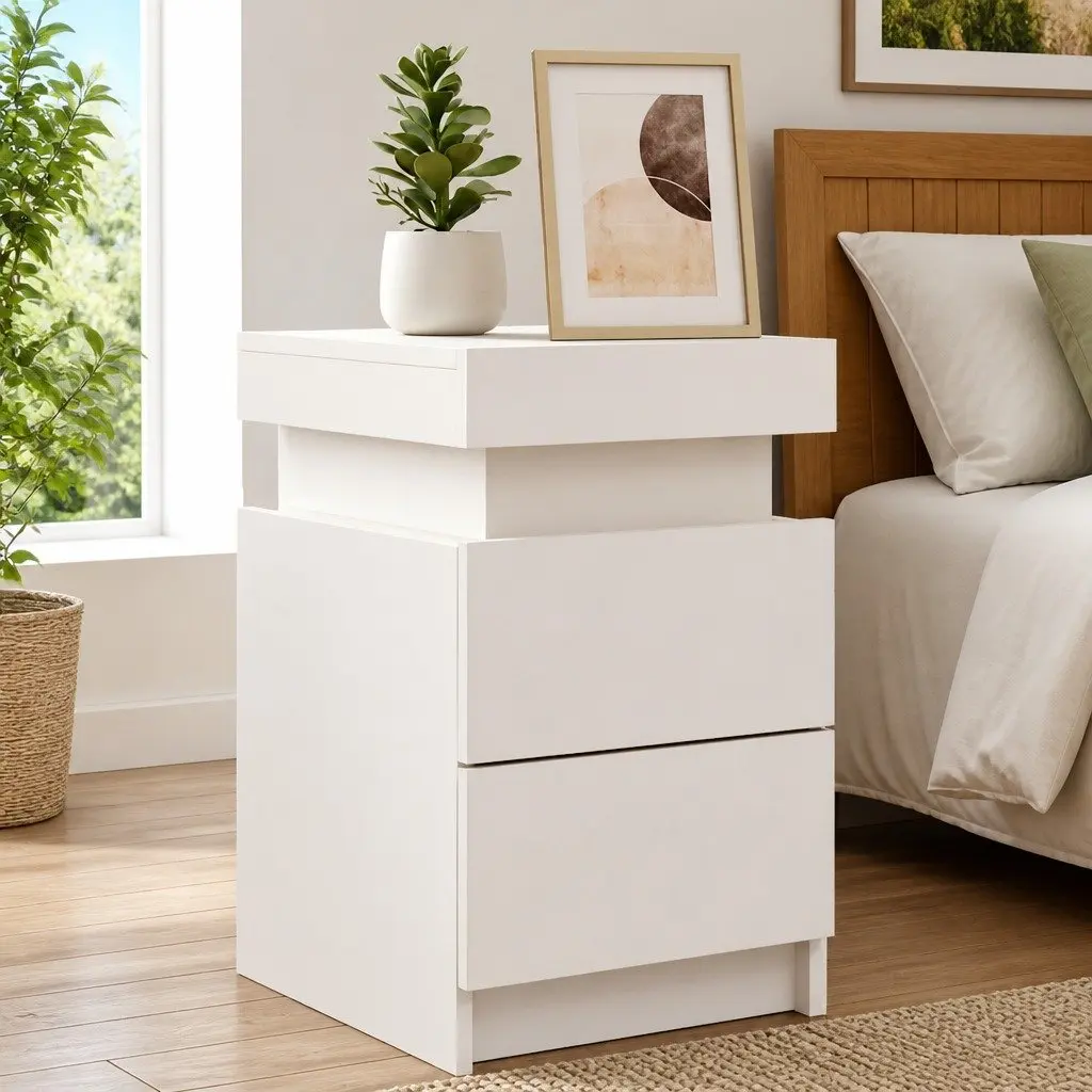 Bedside Table Engineered Wood 35x39x55cm White with RGB LED Lights 2 Piece