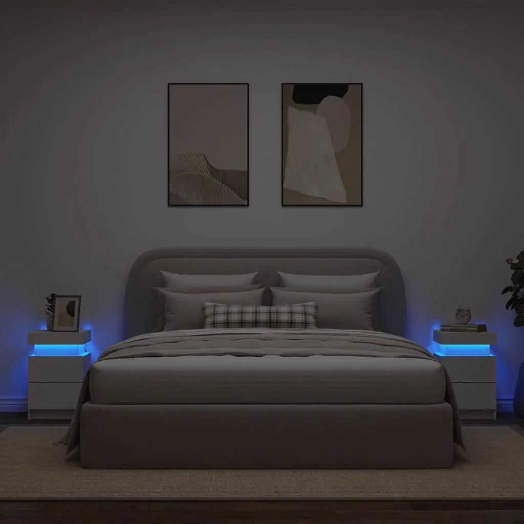Bedside Table Engineered Wood 35x39x55cm White with RGB LED Lights 2 Piece