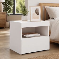 White Modern Bedside Table Set with LED Lights