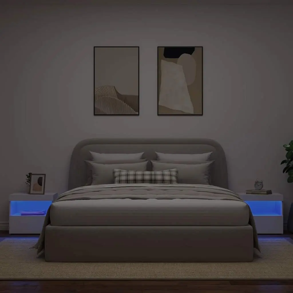 White Modern Bedside Table Set with LED Lights