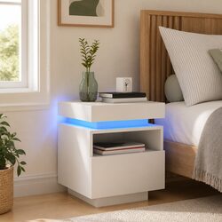Bedside Cabinet with RGB LED Lights White Storage Nightstand Table Organiser