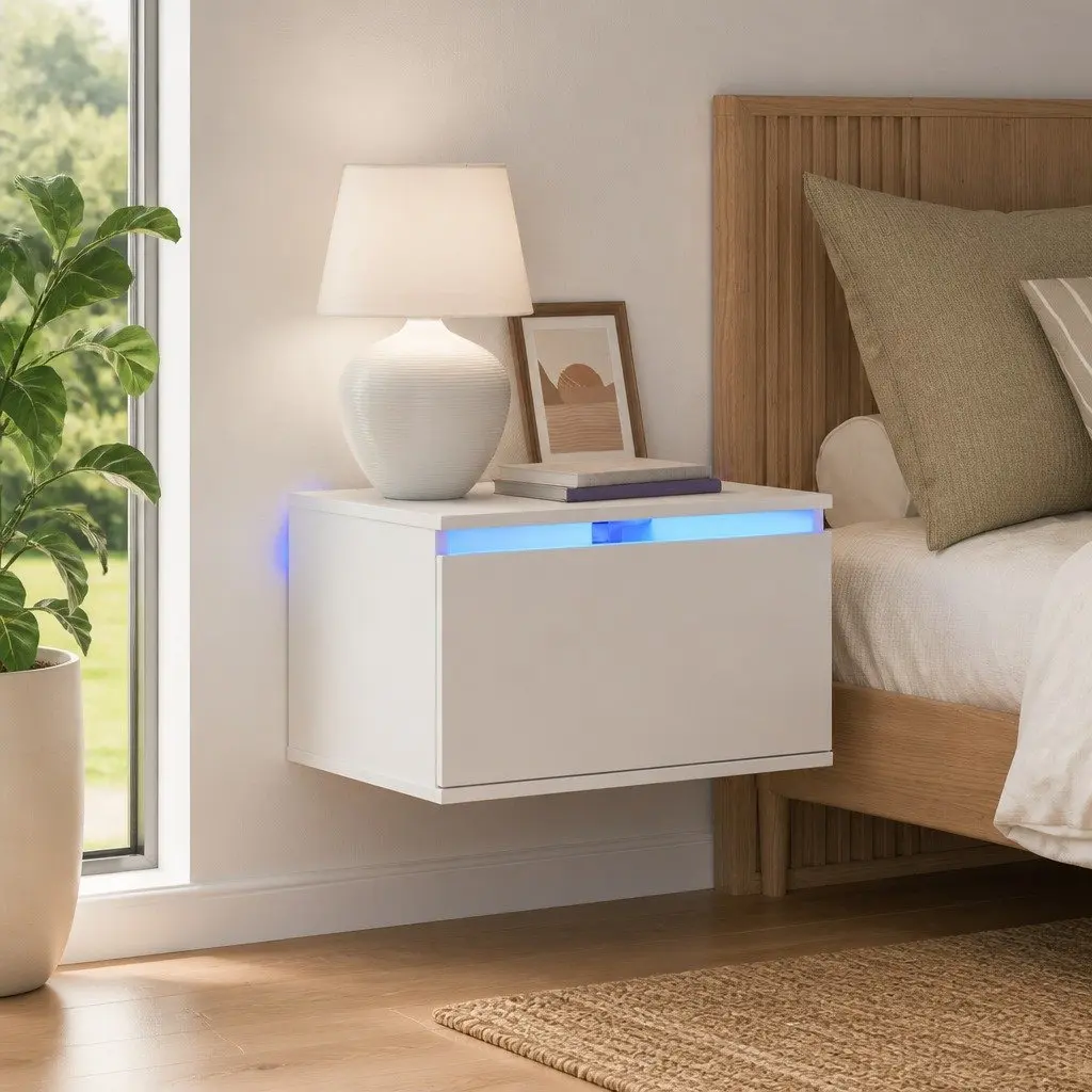 White Floating Storage Unit with RGB LED Lights