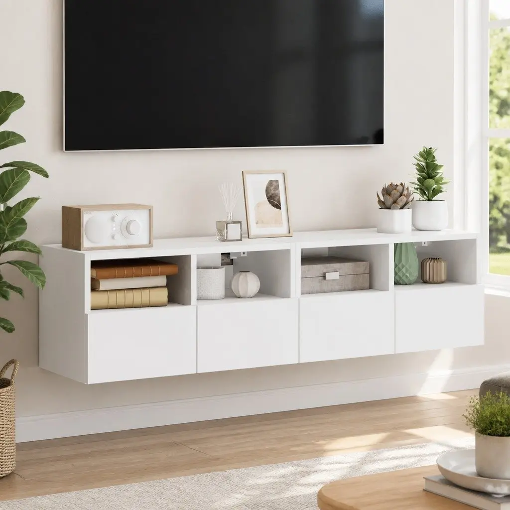 White Floating TV Wall Cabinet with Shelves