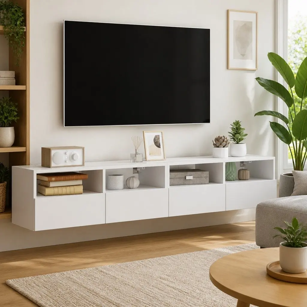 White Floating TV Wall Cabinets 2-Piece Set