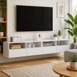 Sturdy White Floating TV Wall Cabinets 2-Piece Set