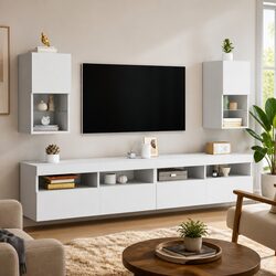 Stylish White TV Cabinets with RGB LED Lights – Set of 2