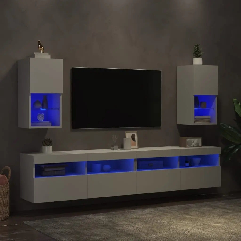 TV Cabinets Engineered Wood Wall-Mounted Media Storage Units 30.5 x 30 x 60 cm White Set of 2 with RGB LED Lights