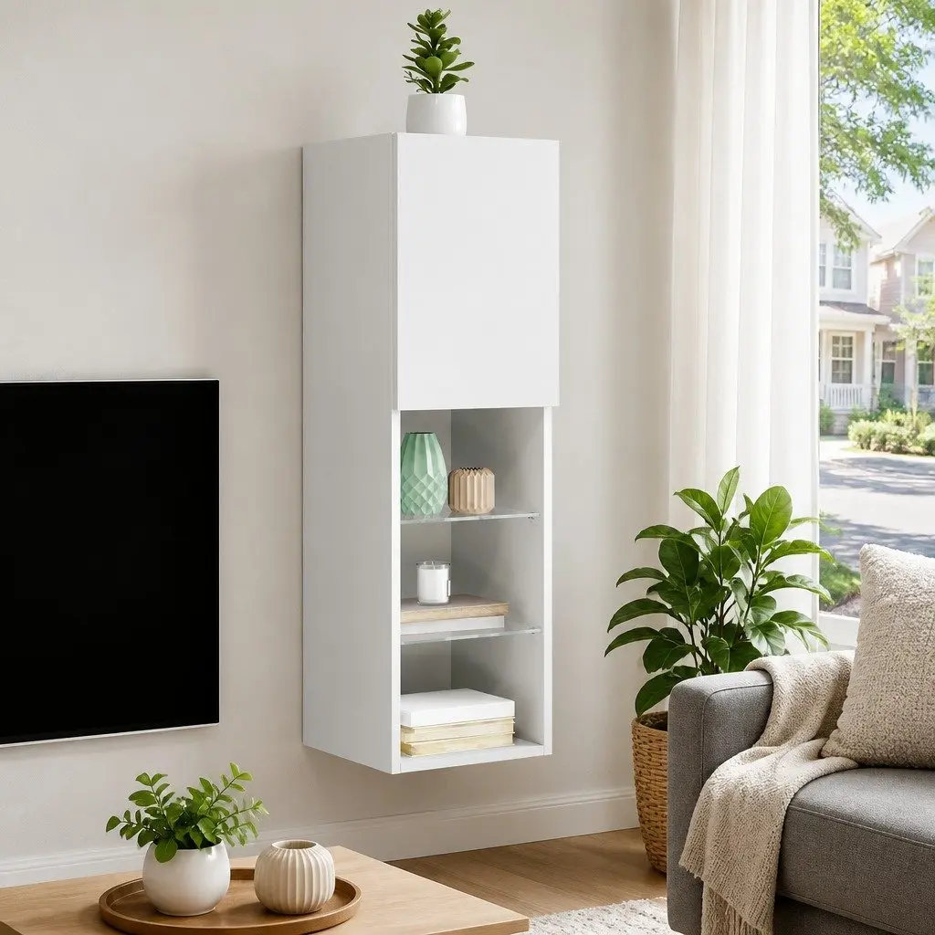 TV Cabinet Engineered Wood Wall-Mounted Media Unit Storage White RGB LED Lights