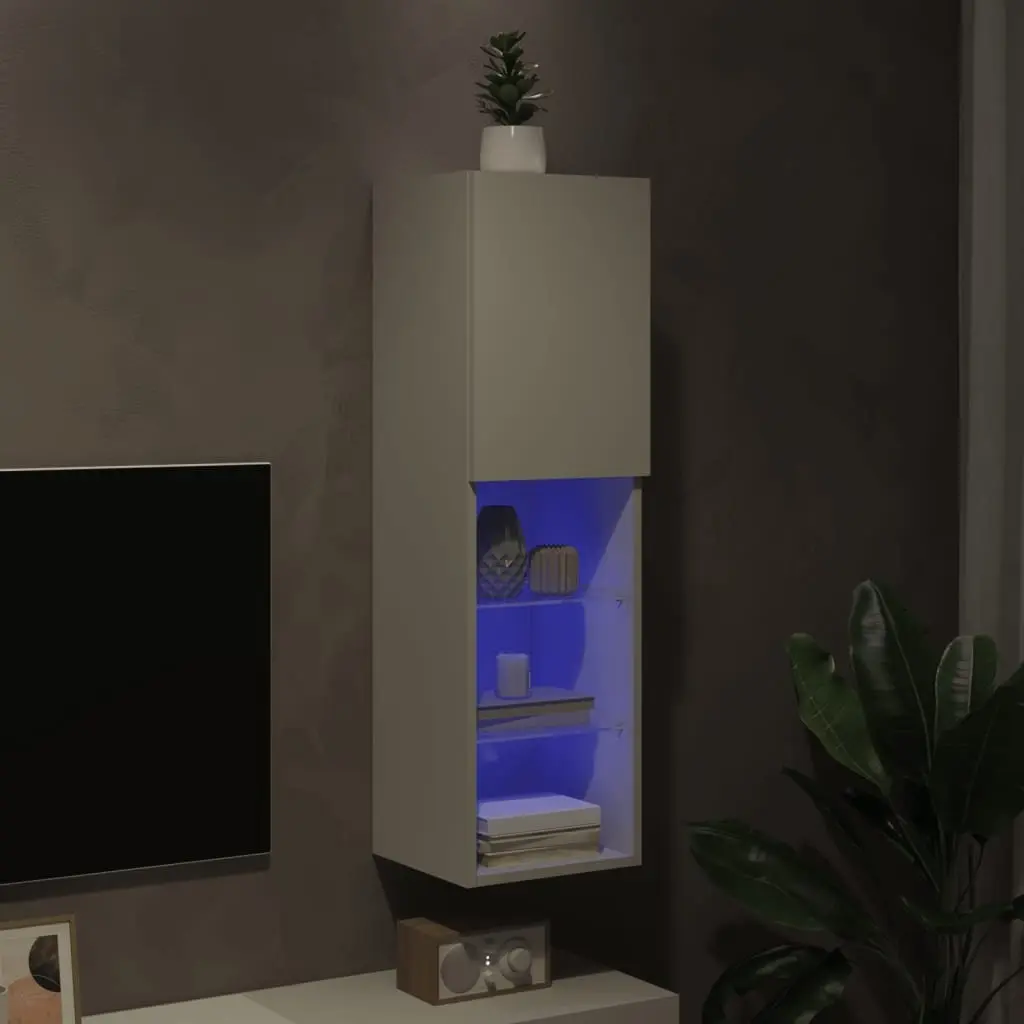 TV Cabinet Engineered Wood Wall-Mounted Media Unit Storage White RGB LED Lights