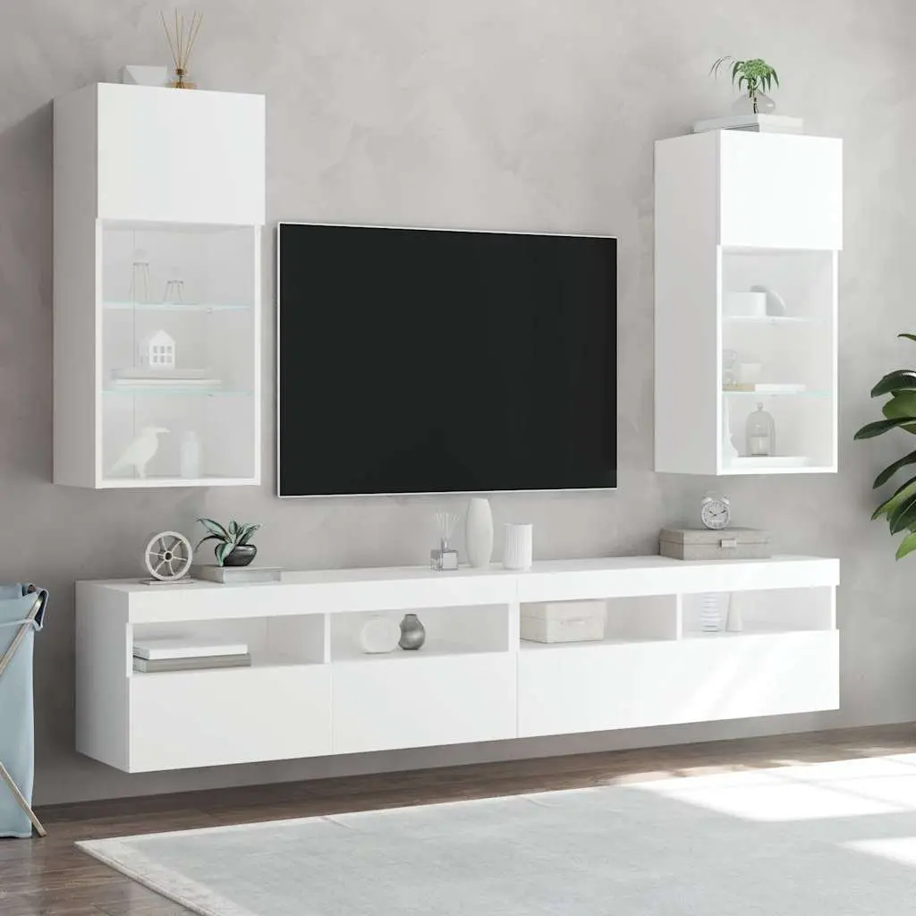 TV Cabinets Engineered Wood 40.5x30x90cm White Set of 2 with RGB LED Lights