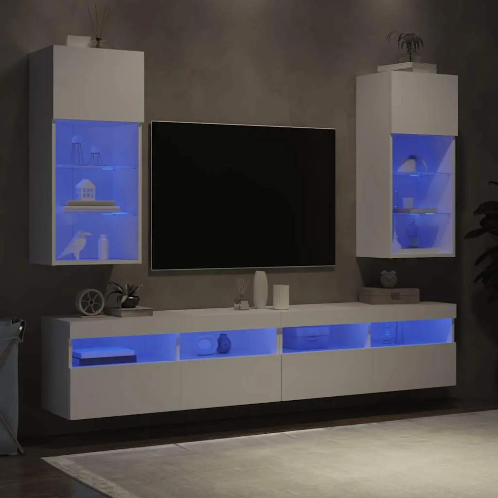 TV Cabinets Engineered Wood 40.5x30x90cm White Set of 2 with RGB LED Lights