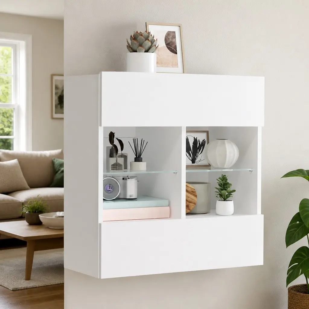 Floating White TV Wall Cabinet with RGB LED Lighting