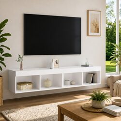Sturdy White TV Cabinet with RGB LED Lights, Set of 2