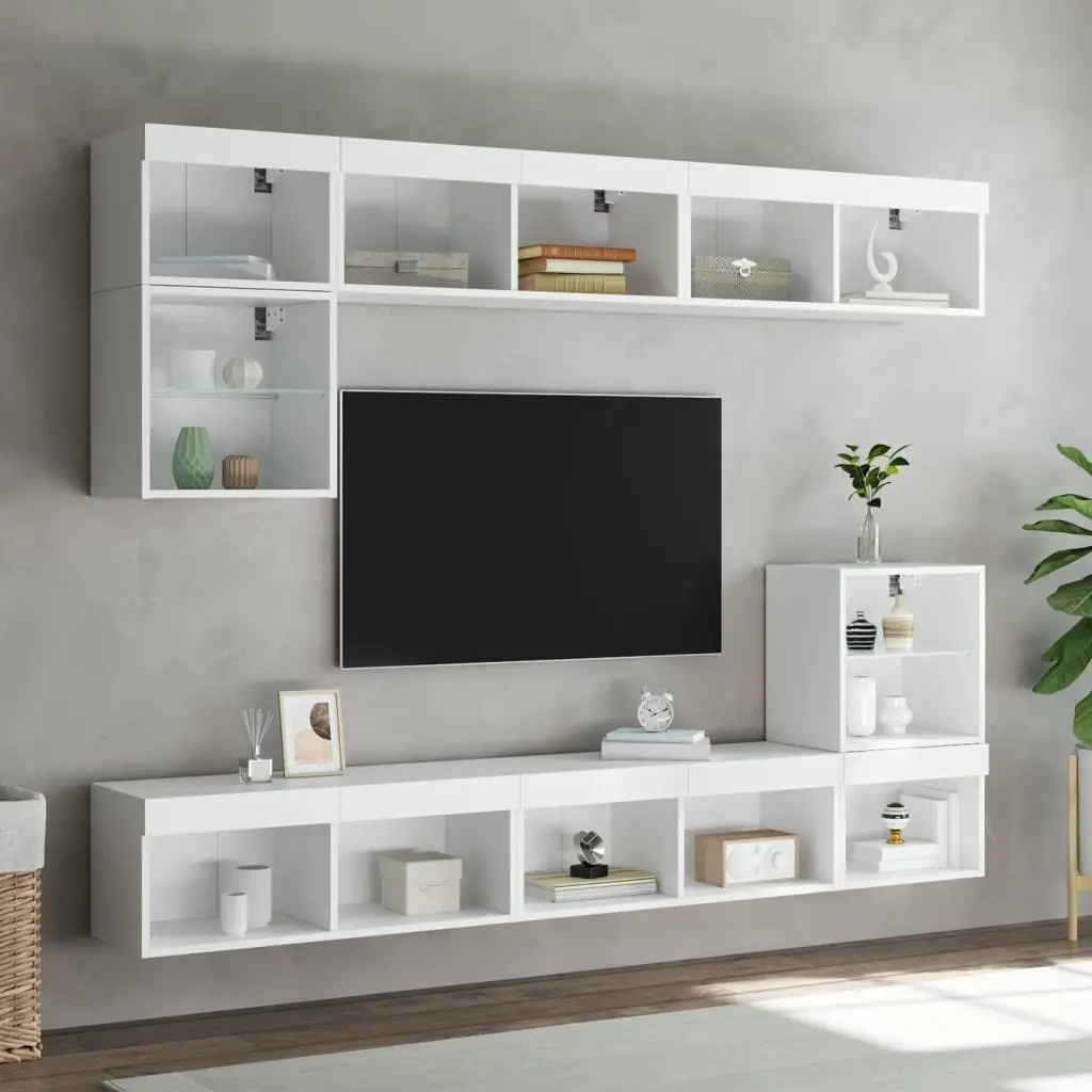 White TV Cabinet with RGB LED Lights, Set of 2