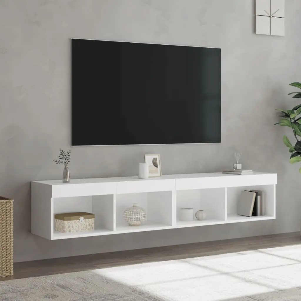White TV Cabinet with RGB LED Lights, Set of 2