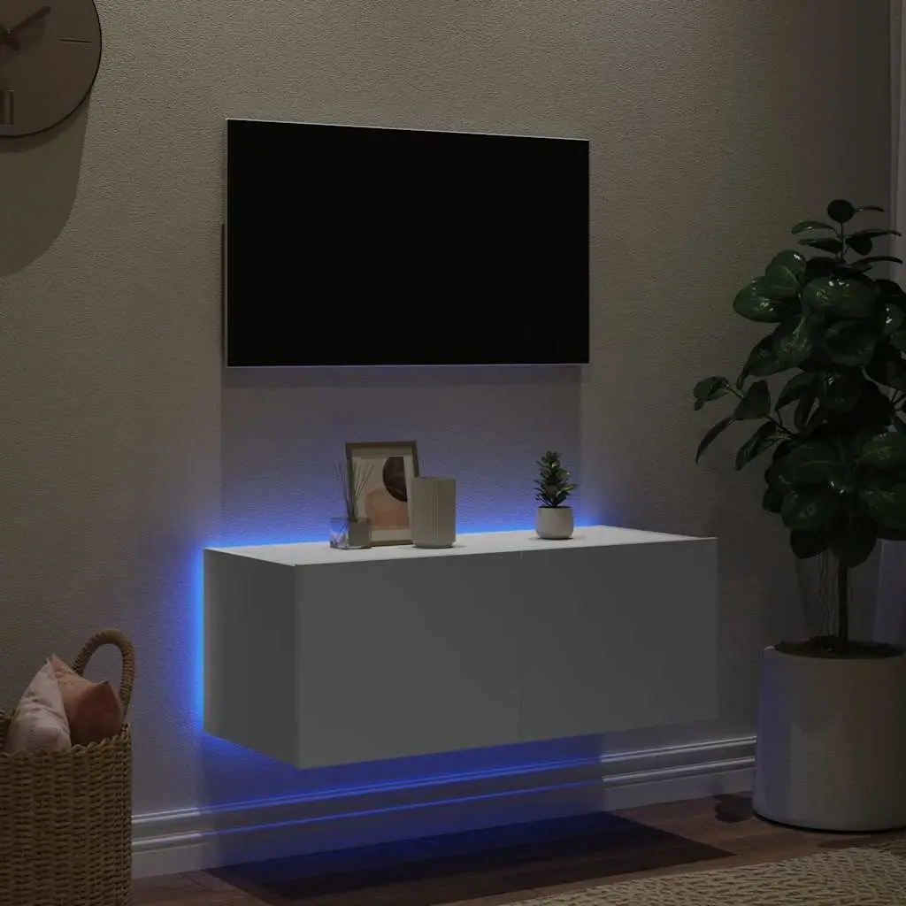 TV Wall Cabinet Engineered Wood 80x35x31cm White RGB LED Lights