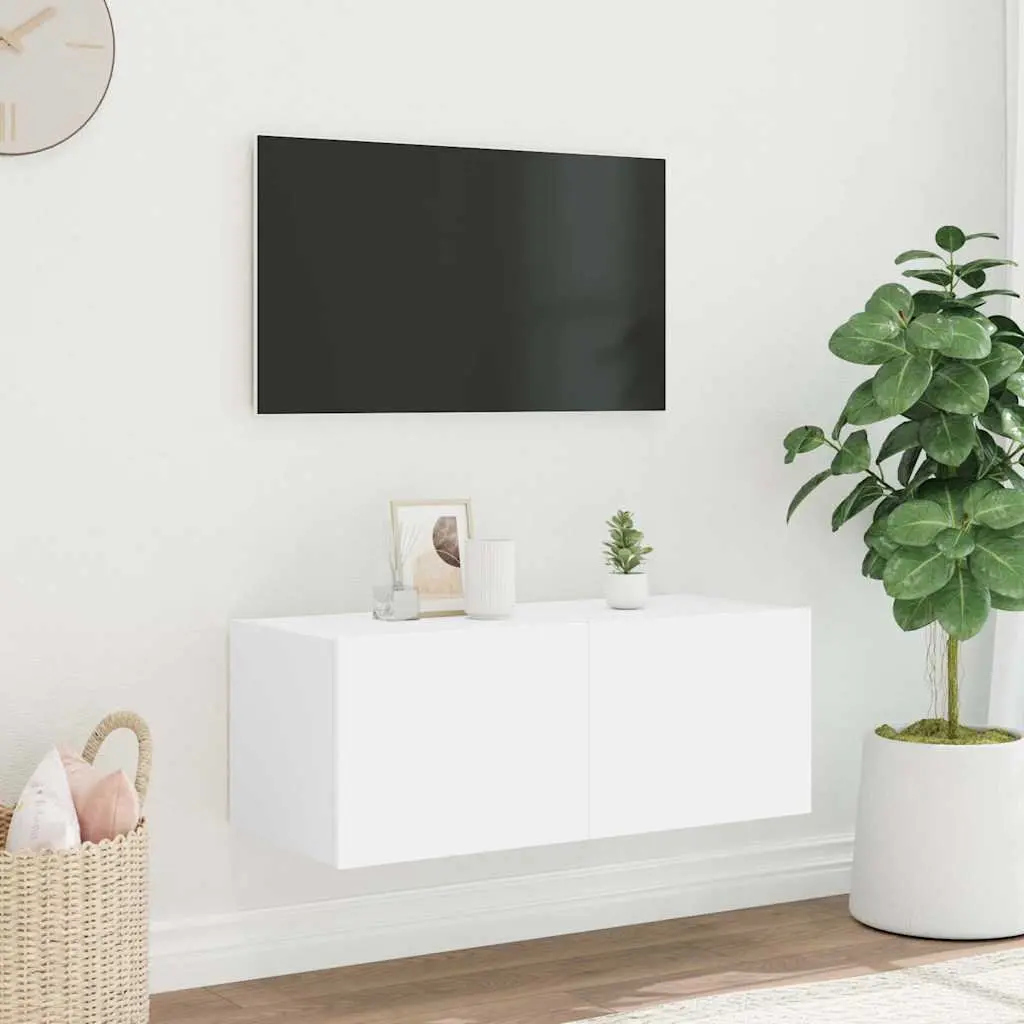 TV Wall Cabinet Engineered Wood 80x35x31cm White RGB LED Lights