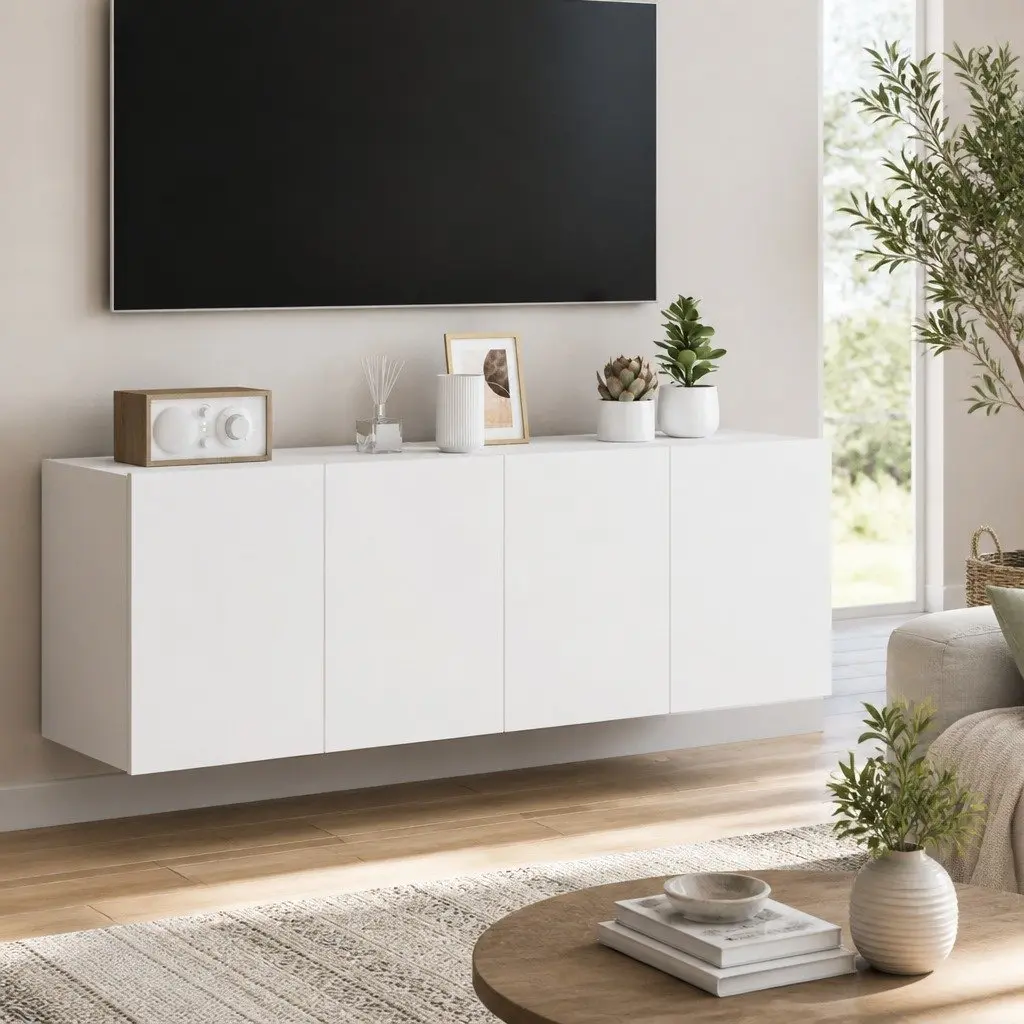White Floating TV Wall Cabinets with RGB LED Lights