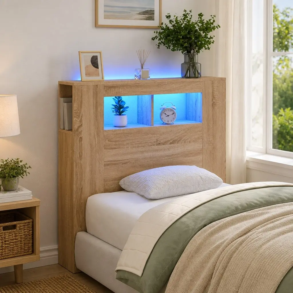 LED Headboard Engineered Wood Brown RGB Lights Modern Bedroom Furniture