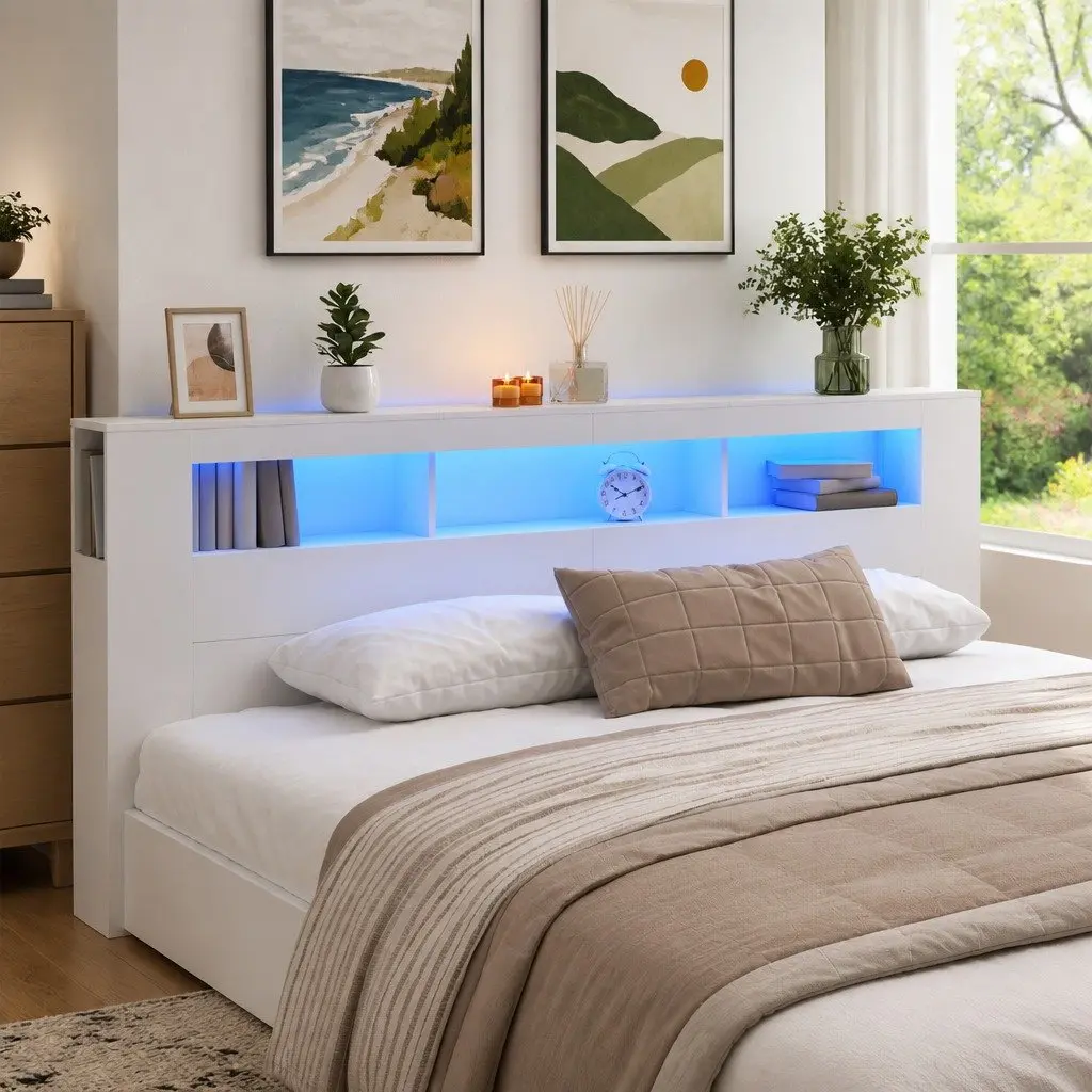 LED Headboard Engineered Wood 220 cm White Modern with RGB Lighting
