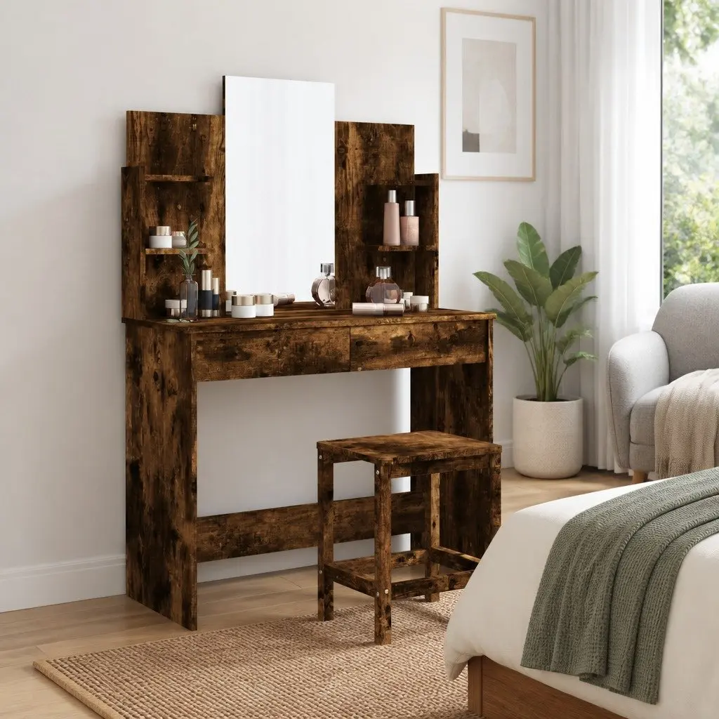 Dressing Table with Mirror Brown Bedroom Vanity Unit Makeup Desk Storage Drawers
