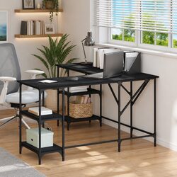 L-Shaped Computer Desk with Shelves Storage Office Writing Table Black