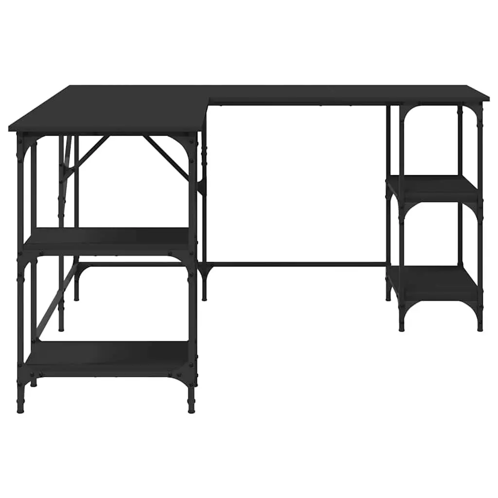 L-Shaped Computer Desk with Shelves in Black
