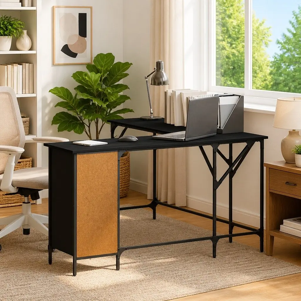 L-Shaped Black Office Desk with Storage Solutions