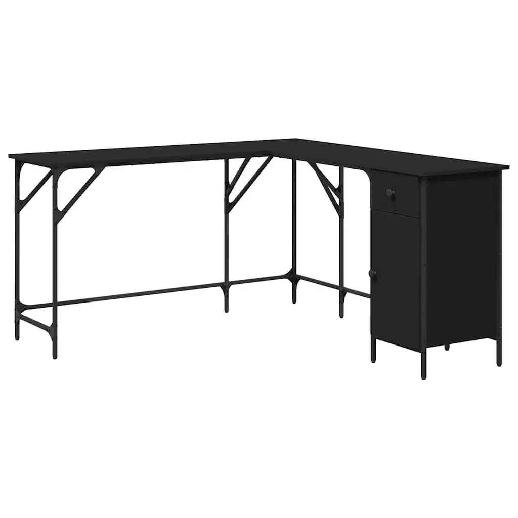 L-Shaped Black Office Desk with Storage Solutions