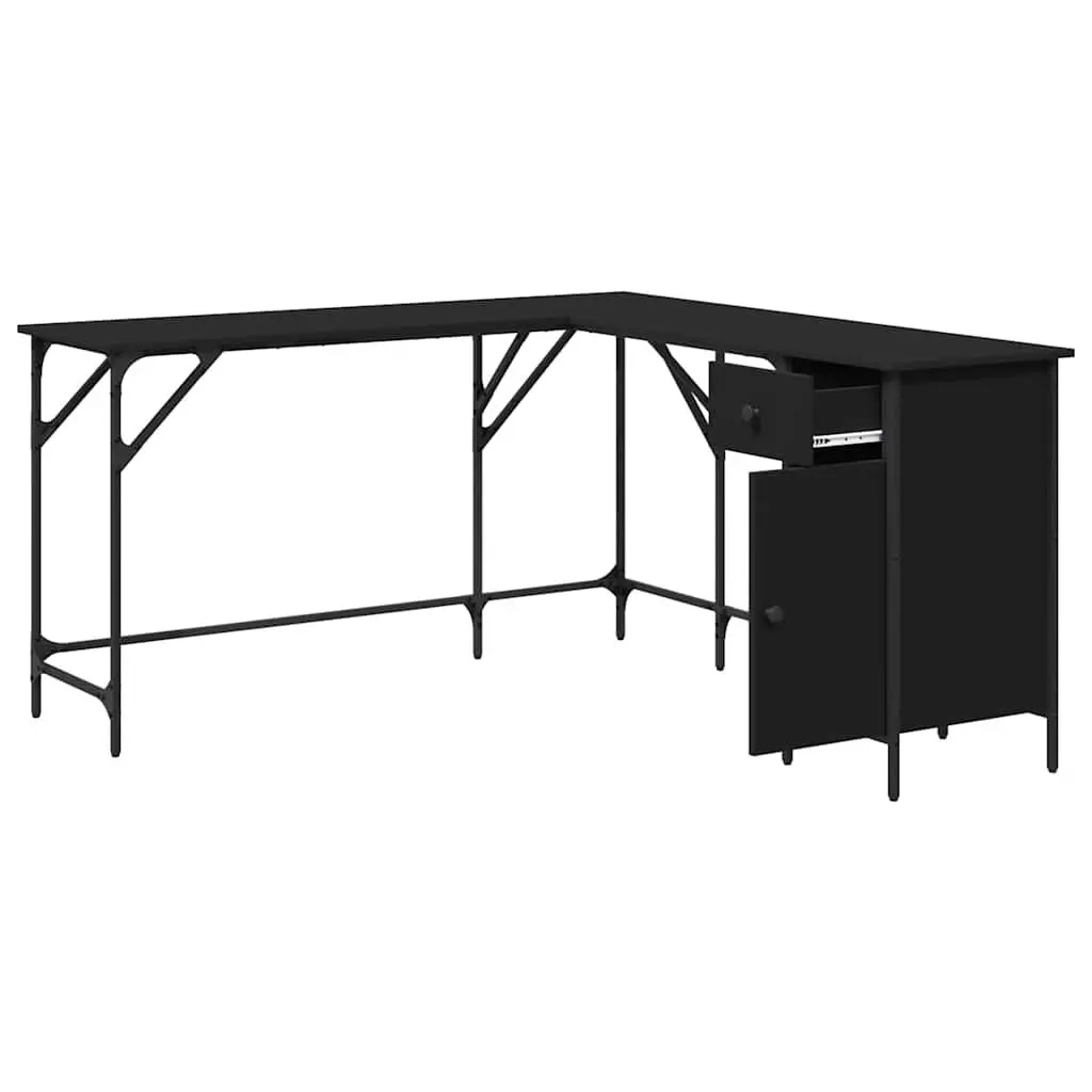 L-Shaped Black Office Desk with Storage Solutions