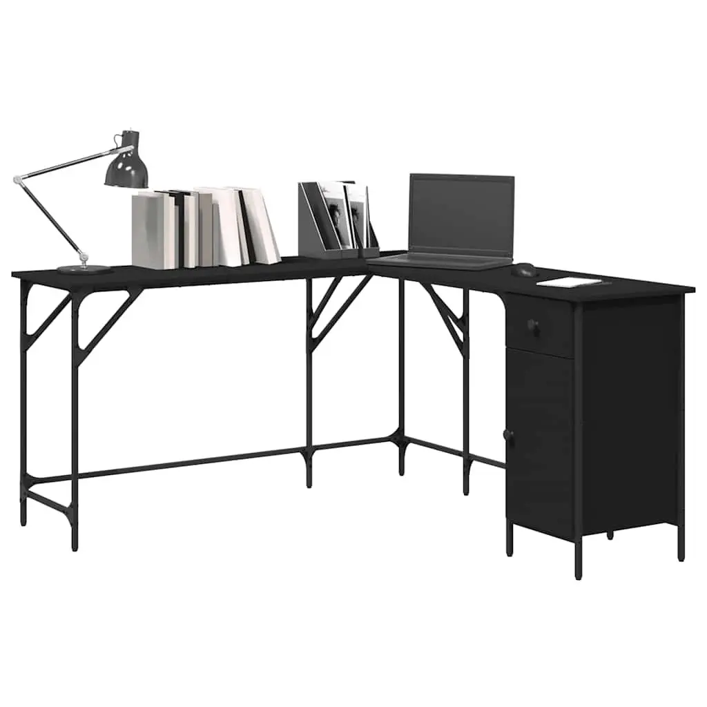 L-Shaped Black Office Desk with Storage Solutions