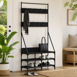 Compact Black Clothes Rack with Shoe Storage