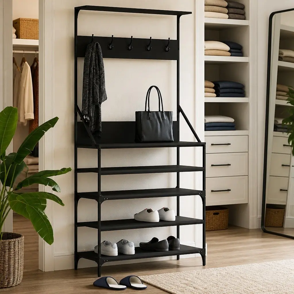 Black Clothes Rack with Shoe Storage Organizer