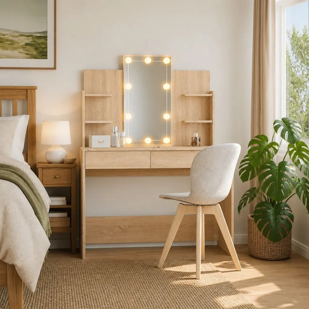 Brown Dressing Table with LED Mirror Lighting