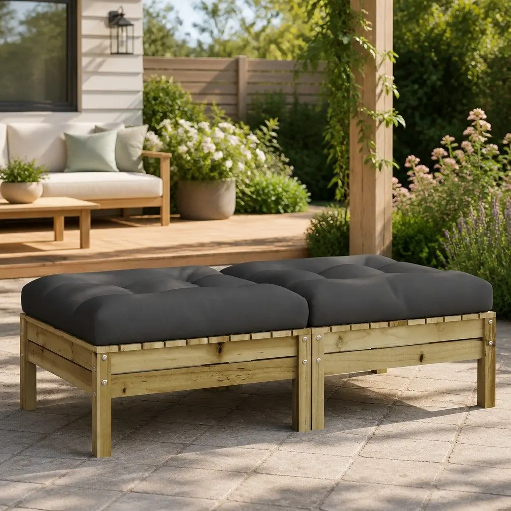 Outdoor Garden Footstools with Cushions 2 Pieces Solid Wood Patio Ottoman