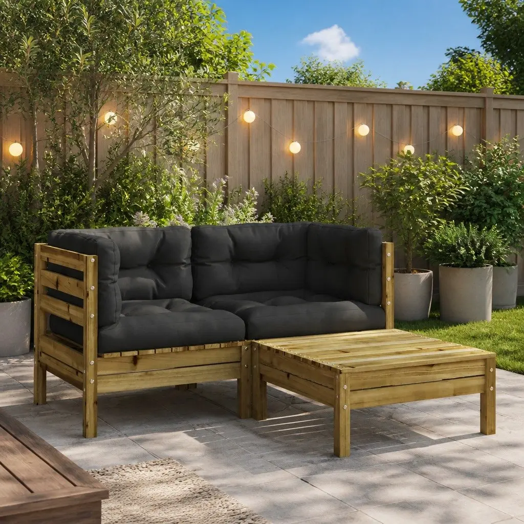 2-Seater Wooden Garden Sofa with Cushions Footstool Outdoor Patio Seating Brown
