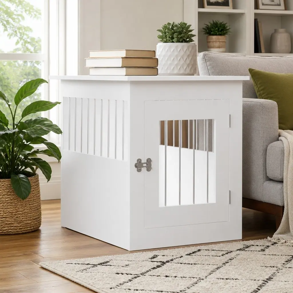 White Dog Crate End Table with Durable Build