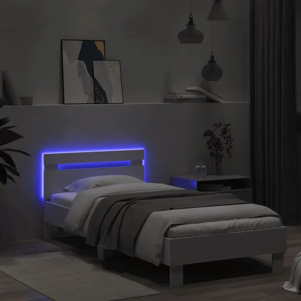 White Bed Frame with Headboard and RGB LED Lights