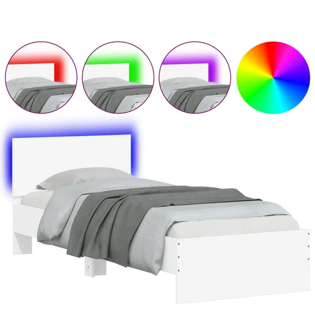 Bed Frame Engineered Wood 90x190 cm White with RGB LED Lights Headboard