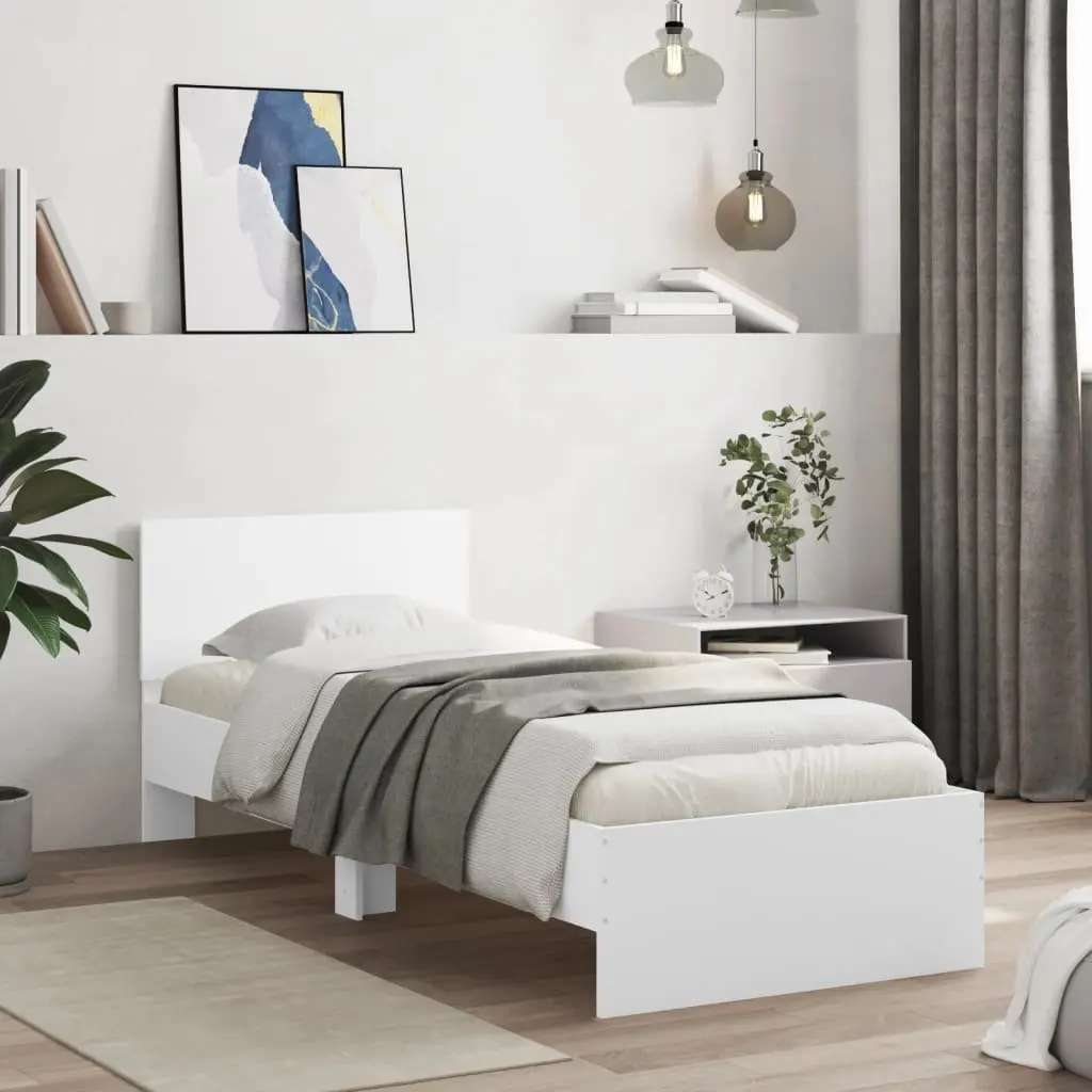 Bed Frame Engineered Wood 90x190 cm White with RGB LED Lights Headboard