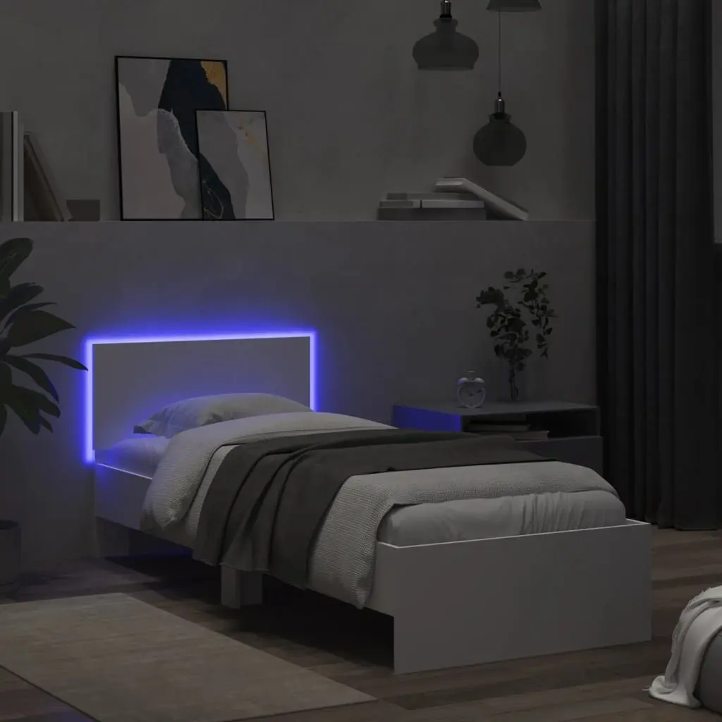 Bed Frame Engineered Wood 90x190 cm White with RGB LED Lights Headboard